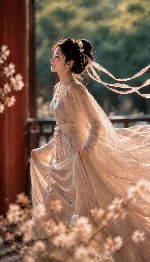侧面淑女跑，远景外景手持跟拍，女子双手拎裙，笑容明媚，发丝在3500K逆光下闪烁金边，时长2秒。缓缓打开大门，时长1秒，最终女子完全打开大门