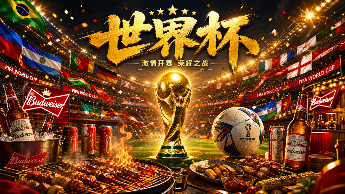 横版世界杯主题海报，画面中心是大力神杯，背景是绿色足球场，搭配飘扬的世界杯旗帜，整体氛围激情热烈，色彩鲜明有冲击力，顶部添加醒目的世界杯主题文字“世界杯”，下方副标题“激情开赛 荣耀之战”，构图大气平预览效果
