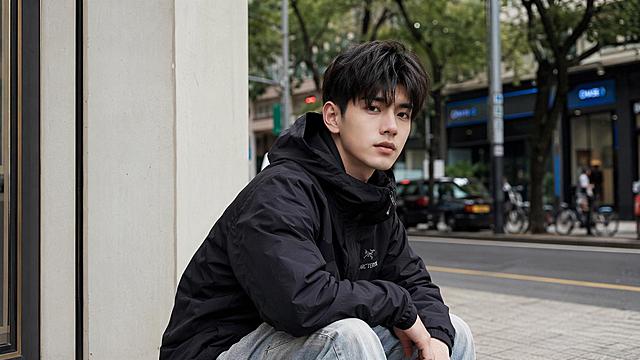 中国男性，24岁，微分碎盖发型，穿着黑色冲锋衣和浅色牛仔裤，皮肤白皙，帅气，时尚街拍风格，清晰自然，真实感强