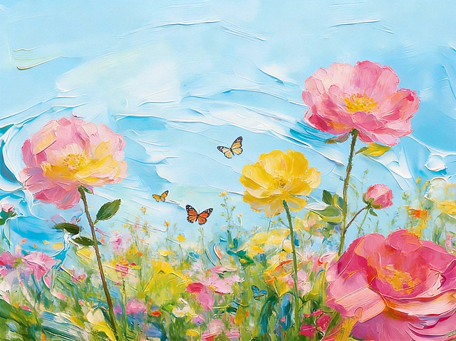 在背景下方融入鲜艳的花草，花草高低错落点缀，飞来的蝴蝶在花瓣上飞舞，添加两三朵带枝叶的粉黄、粉洋红涂厚肌理大涂抹花朵，花瓣嵌入于背景上，整体清新自然