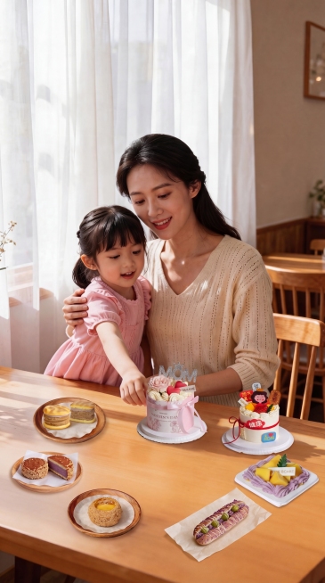把第二张图里的7款食物全部合成到这张图的木桌子上，将母亲节主题蛋糕放在女孩子手附近，所有食物排版自然优美，保持原图片整体光影氛围和色调一致，不要改变人物和原有背景预览效果