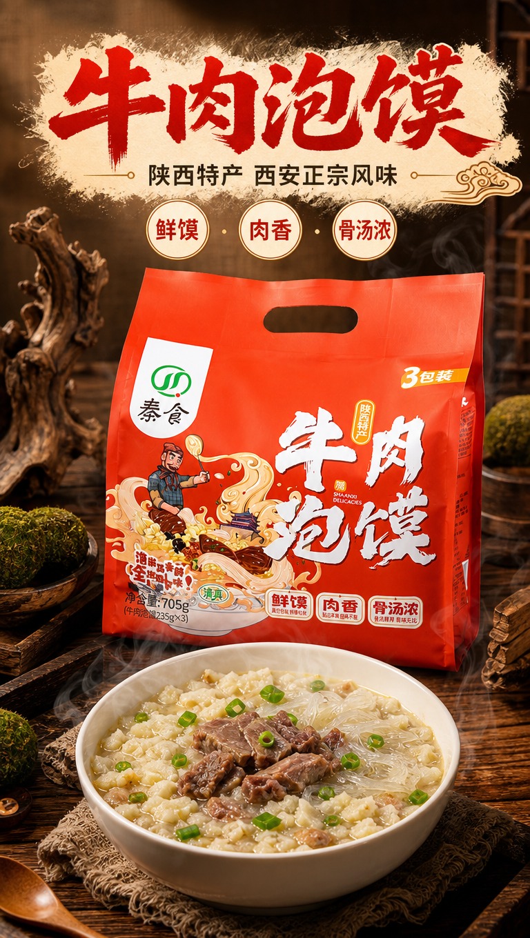 [商品] 使用【图1】红色袋装秦食牛肉泡馍三连包外袋；保留包装… - 图片创意预览
