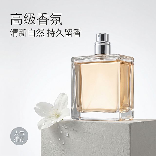 [主图 1] 极简高级香水平面广告，透明玻璃瓶香水瓶居中放置，放置在浅灰色哑光石膏静物台上，背景是纯净渐变浅灰色，左侧点缀一片新鲜茉莉花瓣和晶莹水滴，自然光从左侧透过柔光箱漫射，瓶身呈现通透玻璃质感和液体折射光影，整体风格简约高级。左上角悬浮主标题“高级香氛”，副标题“清新自然 持久留香”，字体为纤细无衬线体，深灰色，左下角悬浮圆形浅灰标签“人气推荐”，文字居中白色，文字不遮挡产品主体，构图平衡呼吸感强，背景全屏无边框。