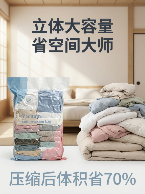 [主图 4] 立体大容量展示
[氛围/风格] 日式简约 家居治愈风 背景光影统一
[画面元素] 保持原产品外观完全一致，展示压缩袋装满衣物后的饱满立体形态，对比压缩前后的空间变化，左侧是压缩后的袋子，预览效果