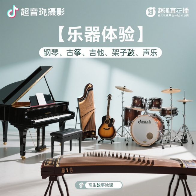 高端清新风格抖音直播间器乐新生体验课宣传图，画面展示钢琴、古筝、吉他、架子鼓，包含文字"【乐器体验】钢琴、古筝、吉他、架子鼓、声乐"，整体干净简约高端，浅色调清新背景预览效果