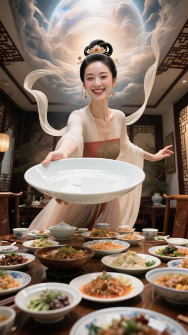 嫦娥（面带微笑）上半身特写，人物看向前方，右手拿着拿着巨大的空盘子伸向画面前，左手自然向后延展，强烈的仰视透视感，广角镜头，背景室内中式餐厅，桌上放着很多美味的菜预览效果