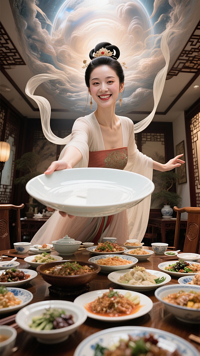 中式古典梦幻，国潮风与超现实主义结合，水墨液态云雾环绕，宴席间尽显优雅。