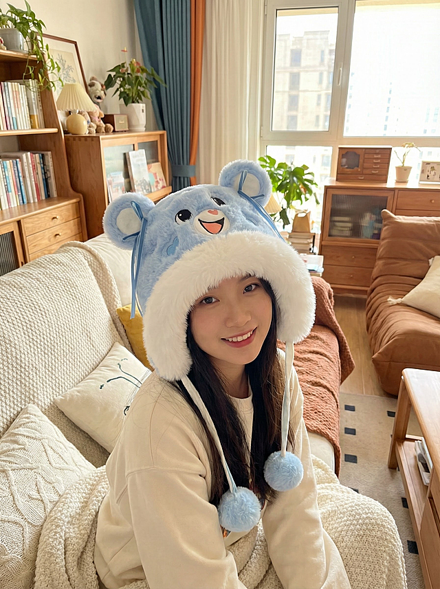 根据这是三个帽子为我生成模特图，背景选择家里或者街道，模特选择中国网红