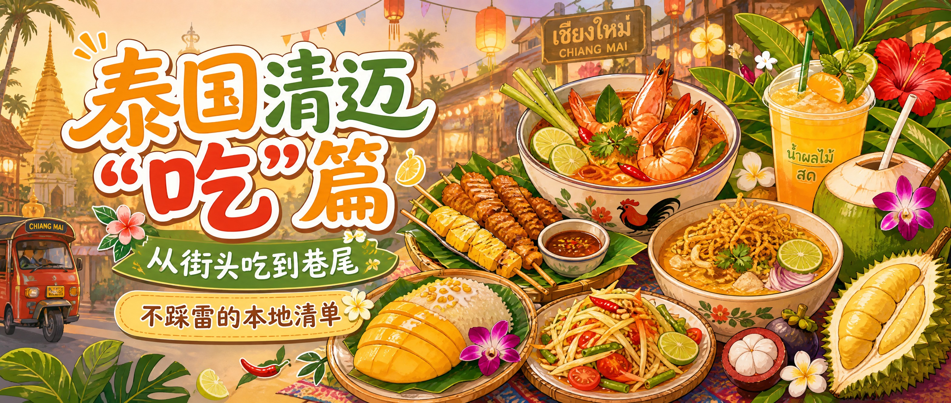 一张泰国清迈美食主题的公众号封面首图，横版2.35:1超宽比例… - 图片创意预览