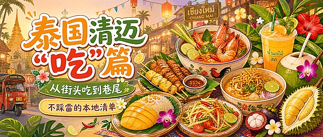 一张泰国清迈美食主题的公众号封面首图，横版2.35:1超宽比例。画面整体为清新活泼的手绘漫画/插画风，东南亚热带美食氛围，色彩明亮温暖，以芒果黄、番茄红、咖喱金、薄荷绿为主色调，充满食欲感。

画面左侧为大标题区域，醒目突出：
主标题"泰国清迈"吃"篇"
副标题"从街头吃到巷尾"
底部小字"不踩雷的本地清单"
标题字体圆润可爱，有手写感，带轻微描边和阴影，视觉冲击力强。

画面右侧和中间分布着各种可爱的漫画美食元素：泰式烤肉串、芒果糯米饭、冬阴功汤、咖喱面、青木瓜沙拉、鲜榨果汁、椰子、山竹、榴莲等，食物画得诱人有食欲，周围点缀热带植物叶子、小花朵、柠檬片、辣椒等装饰。

背景是淡淡的清迈街头剪影，可以看到佛塔轮廓、夜市灯笼、棕榈树等元素，营造出在清迈街头逛吃的氛围。画面整体左文右图的构图，标题在左侧清晰醒目，右侧美食元素丰富有食欲，吸引读者点击。

整体排版精美，色彩协调，充满热带美食的活力感，是一张高质量的公众号封面图。画面中所有文字清晰可读，不出现任何二维码或空白占位区域。