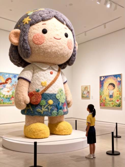 把图片主体做成充满创意和梦幻色彩的绘本风格的巨型毛毡艺术卡通风格雕塑放置在画面中心（主体的穿搭保持不变），主体站在一旁欣赏（与巨型主体形成比例反差），围栏隔离展示，背景是明亮的艺术展厅预览效果