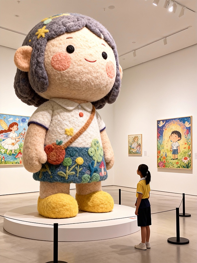 把图片主体做成充满创意和梦幻色彩的绘本风格的巨型毛毡艺术卡通风格雕塑放置在画面中心（主体的穿搭保持不变），主体站在一旁欣赏（与巨型主体形成比例反差），围栏隔离展示，背景是明亮的艺术展厅