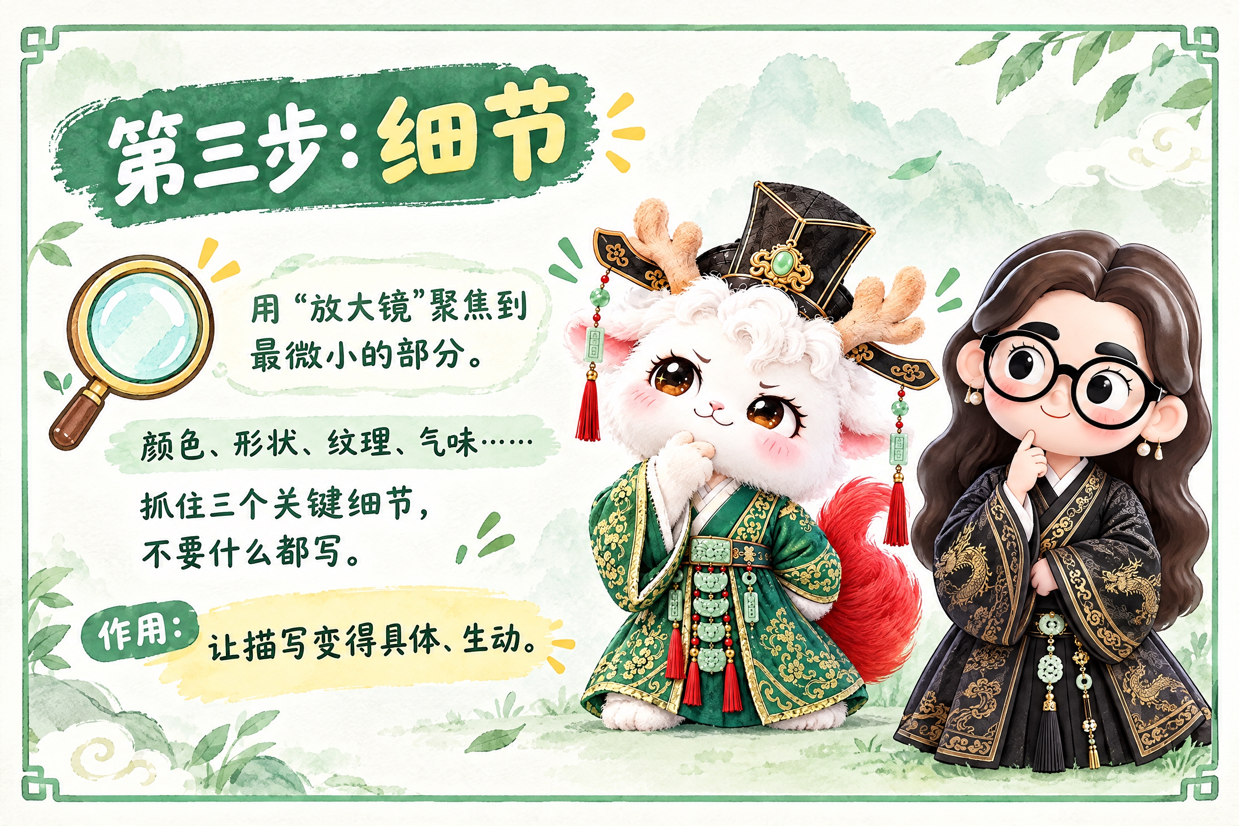横版6寸比例的知识卡片设计，标题为"第三步：细节"，内容为：用… - 图片创意预览
