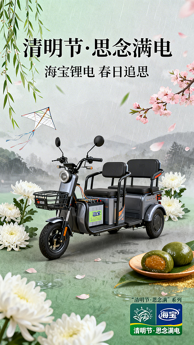 清明节主题海报，画面包含海宝锂电和三轮电动车，整体宁静温润略带诗意。主色调为青绿色春意、烟灰色追思、暖金色温情，点缀白色菊花和淡粉色杏花。融入柳枝、杏花、纸鸢、青团、菊花、烟雨等清明传统意象。主标题使用端庄雅致的宋体或楷体，副标题使用清晰温润的黑体或圆体。右下角统一放置"清明节·思念满电"系列标识和海宝品牌Logo。电池自然融入场景，和车辆和谐共生，氛围不沉重不喜庆。