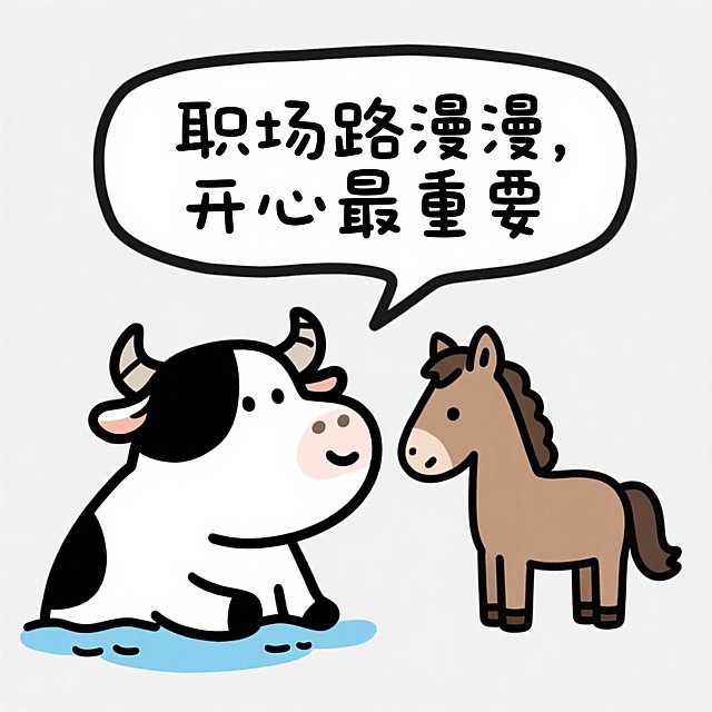 一只悠闲摸鱼的小牛对小马说：职场路漫漫，开心最重要
