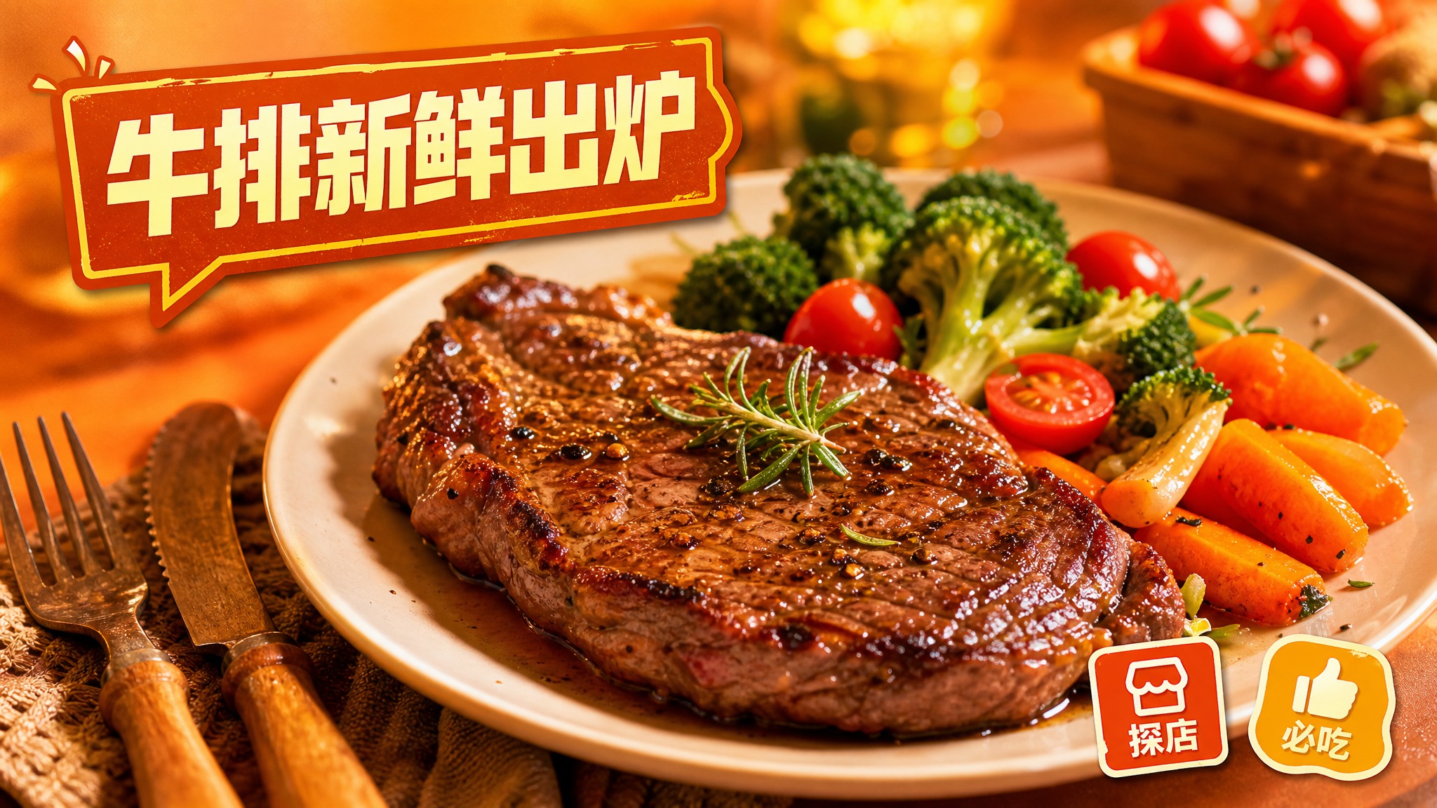 活力美食风格，暖橙色背景，画面中心是一盘色泽诱人的牛排，牛排表… - 图片创意预览