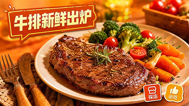 活力美食风格，暖橙色背景，画面中心是一盘色泽诱人的牛排，牛排表面焦香带油光，搭配新鲜的西兰花、小番茄、胡萝卜等蔬菜，旁边摆放木质餐具叉子和餐刀，背景虚化处理突出主体食物，左上角用粗体字预留标题框，框内有文字"牛排新鲜出炉"，右下角添加"探店""必吃"等简约标签图标，整体高饱和度色彩，暖色调光影，美食摄影质感，画面精致有食欲