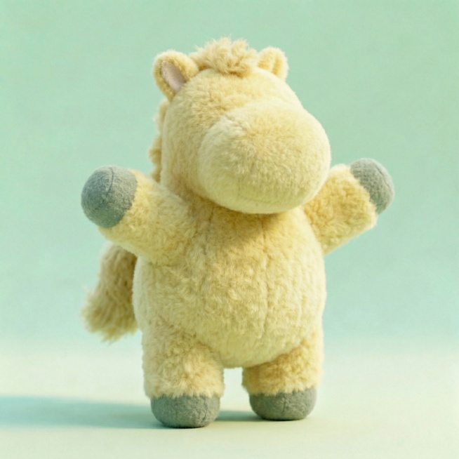 将这只黄色毛绒小马调整为无五官、站立姿势、双臂张开的呆萌可爱造型，保留马卡龙黄色预览效果