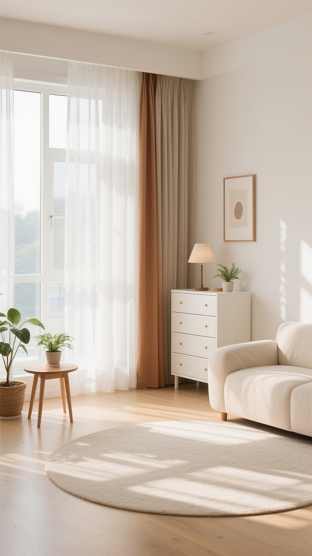 明亮通透的室内场景，温暖的自然光透过轻盈的白色纱帘洒入，形成柔和的光影斑驳效果，整体采用简约现代风格，主色调为米白色、浅木色与温暖的米色，营造出温馨、舒适、宁静的氛围。房间内有浅色布艺沙发，搭配圆形浅色地毯，旁边是木质边几和绿植盆栽，窗边设有白色与浅棕色拼接的窗帘，墙角立有白色五斗柜，上面摆放着台灯和小型绿植，墙上挂有简约装饰画，地面为浅色木地板，整体构图简洁大方，空间感开阔，细节精致，具有高度的设计感和生活美学。