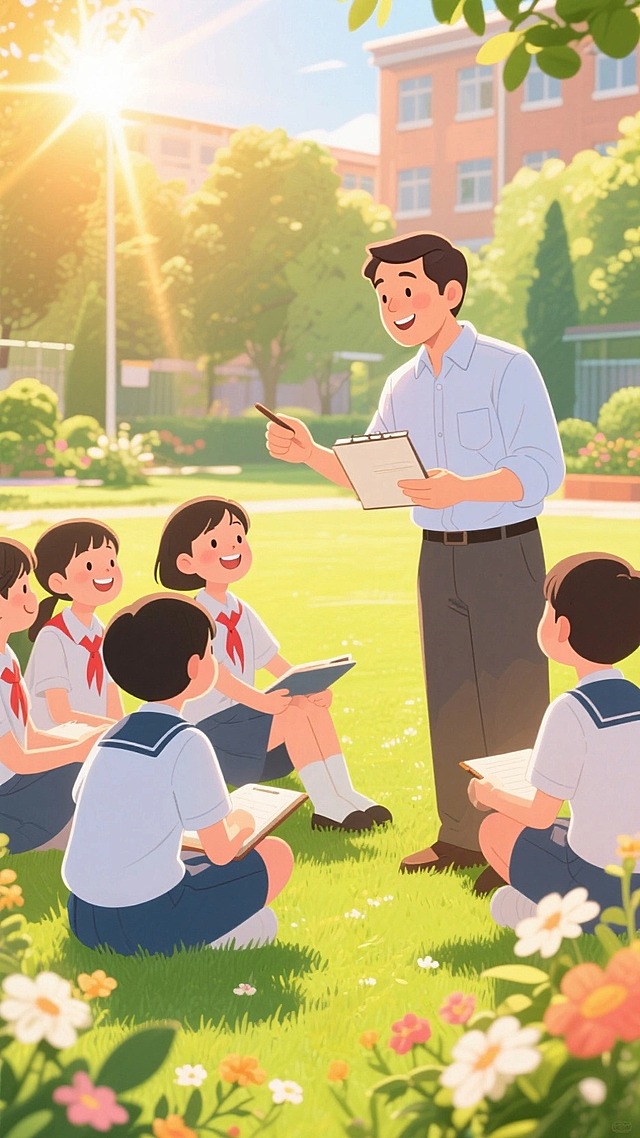 老师在阳光下给学生们上课，阳光洒脱在老师和学生身上，呈现温馨积极氛围