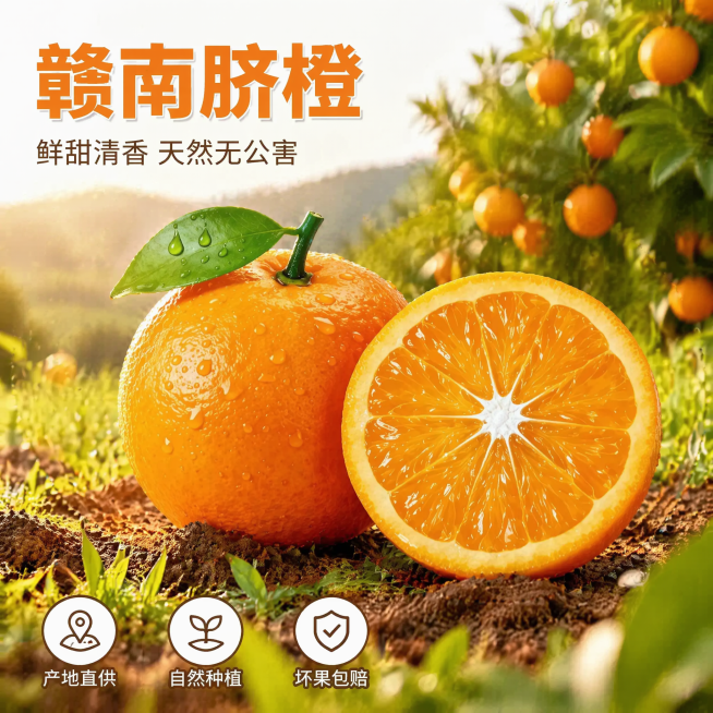 [单张主图] 赣南脐橙 高级氛围感主图，同时传递产品新鲜优质的视觉信息，吸引点击转化。
[画面主体] 保持原产品完整外观（完整带叶橙子、对半切开橙子），物理结构、果皮颜色、果肉纹理、叶片水珠和水珠分布预览效果