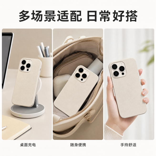 [主图-4] 简约纯色肌理手机壳多场景适配展示
[氛围风格] 生活化实用场景风
[画质] 商业摄影质感、光线柔和通透、产品清晰真实、画面干净高级
[元素] 宫格排版展示三个使用场景：第一格放在简约办公预览效果