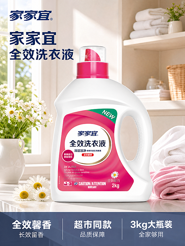 [主图-1] 家家宜全效洗衣液场景氛围首图。
[氛围风格] 明亮洁净生活风，清爽实用感；
[画质] 商业摄影质感、光线柔和通透、产品清晰真实、画面干净高级。
[元素] 家家宜全效洗衣液居中放置在阳光洒满的阳台洗手台面上，旁边点缀新鲜小雏菊和干净棉柔衣物，营造温馨家居洗护氛围。保持家家宜全效洗衣液外观（物理结构、材质质感、颜色）与输入产品图绝对一致，杜绝任何变形和色差，精细化处理。商品主体占比严格控制在65%左右；画面满屏无边框。左上角安全区放置提取出的家家宜品牌Logo，保持原品牌字形、配色和比例，不遮挡产品主体。
[光影] 上午自然光从左侧阳台窗户射入，形成大面积柔和漫射光，整体高亮通透。产品轮廓清晰，瓶身有自然高光，阴影柔和不生硬，突出洁净通透质感。
[配色] 主色调为米白色（背景墙面台面），辅助色为产品本身的玫粉色和绿色，点缀小雏菊的黄色，整体干净清新。
[视角构图] 平视角度，景深适中，产品完整居中不裁切，前景后景层次分明。
[文字版式] 底部三列通栏排布三个核心卖点，每列大字卖点在上小字说明在下：第一列「全效馨香」「长效留香」；第二列「超市同款」「品质保障」；第三列「3kg大瓶装」「全家够用」，白字深底半透明背景对比强烈，清晰可读。左上角主文案写"家家宜 全效洗衣液"，深蓝色粗体，大小适中。
[比例分辨率] 3:4 比例，4k 分辨率；文字清晰锐利，画面超高清。
[负向提示词] 变形，水印，文字错乱，产品图模糊，背景杂乱，文字遮挡主体。