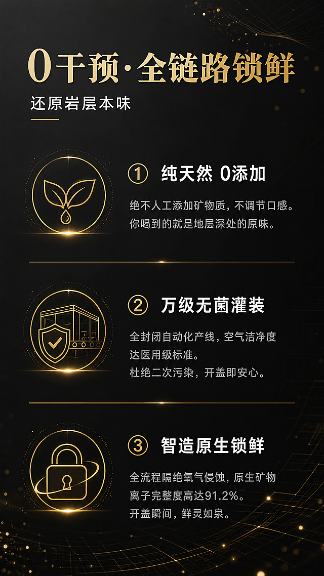[第6屏 工艺壁垒] 贵州泉饮用天然矿泉水（富锶型）详情页第六屏-三大工艺亮点。本屏不需要产品瓶身。
[氛围/风格] 黑金轻奢风，科技智造感，干净精密，高级质感。
[元素布局] 画面竖向排列三大工艺模块，每个模块左侧是金色线描图标，右侧是标题和说明；背景深灰渐变，金色光粒子点缀，有淡淡的科技线条/网格元素；顶部有大标题；每个模块之间有金色细分割线；整体左对齐，清晰有条理。
[光影质感] 每个图标有金色微光；整体光线均匀，科技感冷光与金色暖光结合。
[配色色系] 底色深灰渐变#1A1A1A至#252525；图标金色#D4A017；标题白色；说明浅灰；分割线金色细线。
[视角构图] 正面，竖向排列，从上到下阅读；每个模块图标在左，文字在右。
[文字版式] 顶部大标题「0干预·全链路锁鲜」金色大字，副标题「还原岩层本味」白色小字；三大工艺：① 图标：叶子/天然符号 标题：「纯天然 0添加」白色大字 说明：「绝不人工添加矿物质，不调节口感。你喝到的就是地层深处的原味。」浅灰小字；② 图标：无菌车间/盾牌符号 标题：「万级无菌灌装」白色大字 说明：「全封闭自动化产线，空气洁净度达医用级标准。杜绝二次污染，开盖即安心。」浅灰小字；③ 图标：锁/保鲜符号 标题：「智造原生锁鲜」白色大字 说明：「全流程隔绝氧气侵蚀，原生矿物离子完整度高达91.2%。开盖瞬间，鲜灵如泉。」浅灰小字；每个模块编号用金色圆圈数字标注。
[比例分辨率] 9:16竖版比例，4K分辨率，文字清晰可辨，高清画质。
[负向提示词] 产品瓶身出现，文字模糊，水印，画面杂乱，颜色偏差，人物出现，真实工厂照片。