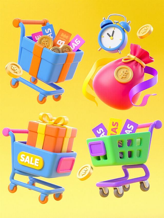 一组4个不同配色、不同样式、不同材质的3D立体电商促销元素，每个元素包含装满礼物的金属购物车、带有“SALE”标签的礼盒、漂浮的金币、装满优惠券的福袋、彩色飘带和闹钟，高饱和度配色，立体感强，黄色背景