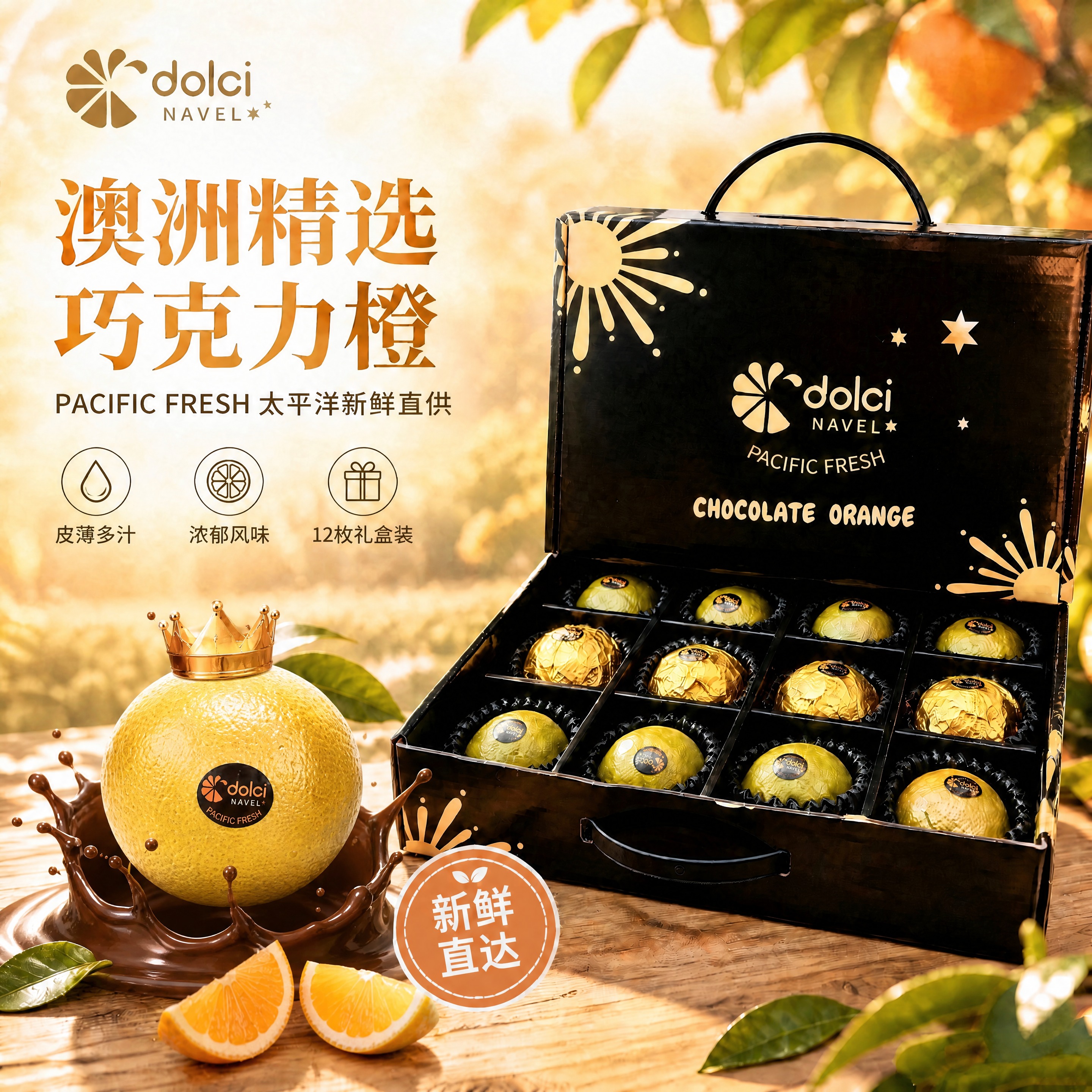 将图中左侧戴皇冠的巧克力橙替换为：下方是飞溅的水滴状巧克力液体… - 图片创意预览