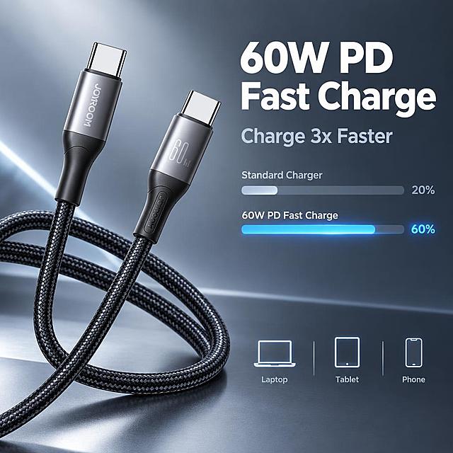 [主图-2] 核心价值图，突出 60W PD 快充能力，展示快充速度优势。
[统一基调] 跨境电商克制信息图风格，冷灰色渐变科技背景，主标题白色粗体无衬线字体，辅助文字浅灰色，强调色为科技蓝；整体视觉简洁高级，信息层级分明。
[画面] 黑色编织数据线位于画面中央偏左，呈对角线舒展摆放，两端 Type-C 接头清晰可见；画面右侧为核心数据可视化区域，用大号数字 "60W" 作为视觉焦点，下方标注 "PD Fast Charging"；搭配一条对比进度条，左侧标注 "Standard Charger" 进度较短，右侧标注 "60W PD Fast Charge" 进度明显更长，直观体现速度差异；进度条末端用科技蓝色高亮；画面底部有三个小型图标分别代表 Laptop、Tablet、Phone，表明兼容多设备快充。
[光影质感] 商业摄影质感，产品金属接头有冷调高光，编织纹理清晰，产品自然融入冷灰科技背景，光影方向与首图一致。
[配色] 冷灰色渐变背景为主，科技蓝作为数据高亮色，文字为白色和浅灰色，产品保持黑灰金属原色。
[文字版式] 主标题 "60W PD Fast Charge" 位于画面右上方，大号白色粗体无衬线字；副标题 "Charge 3x Faster" 位于主标题下方，中号浅灰色；数据和图标说明文字统一使用小号无衬线字体；所有文字为英文，横排左对齐，不遮挡产品主体。
[输出要求] 1:1 比例，文字清晰可读，产品清晰，无变形、错字、模糊、杂乱、水印、平台 Logo；禁止使用 Best、No.1 等最高级词汇。