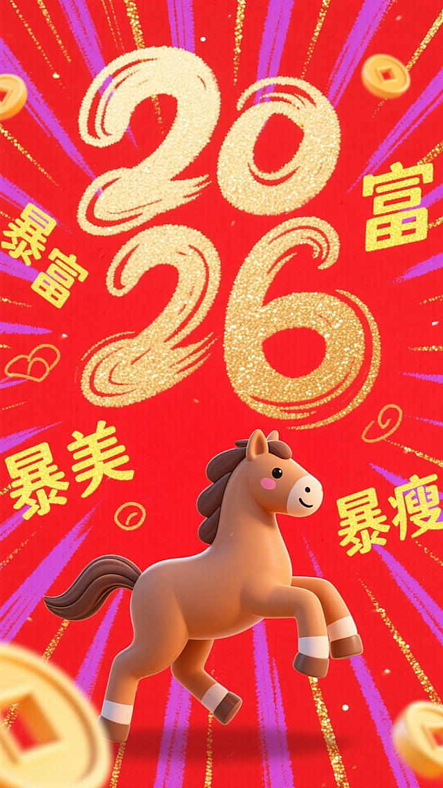 软3D风卡通小马跃动，鎏金“2026”闪耀，粒子光效迸发喜庆感，红紫渐变背景搭配金币元素，传递新年暴富暴美暴瘦的可爱祝福。