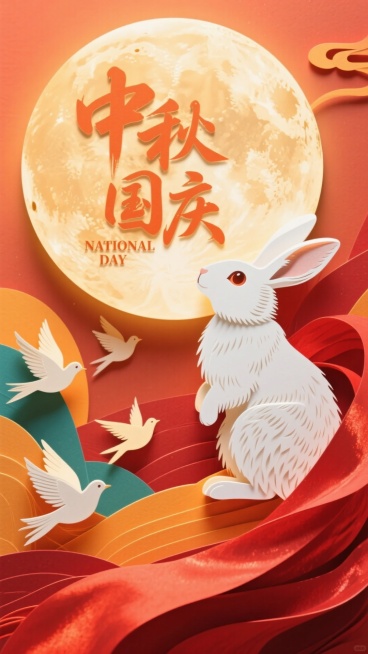 画面上方“中秋国庆”，通过大气的书法字体呈现，同时搭配英文 “NATIONAL DAY”。融合中秋元素（白兔、圆月）与国庆元素（红色绸缎，象征喜庆与国家色彩），画面中白兔仰望圆月，几只和平鸽点缀，营预览效果