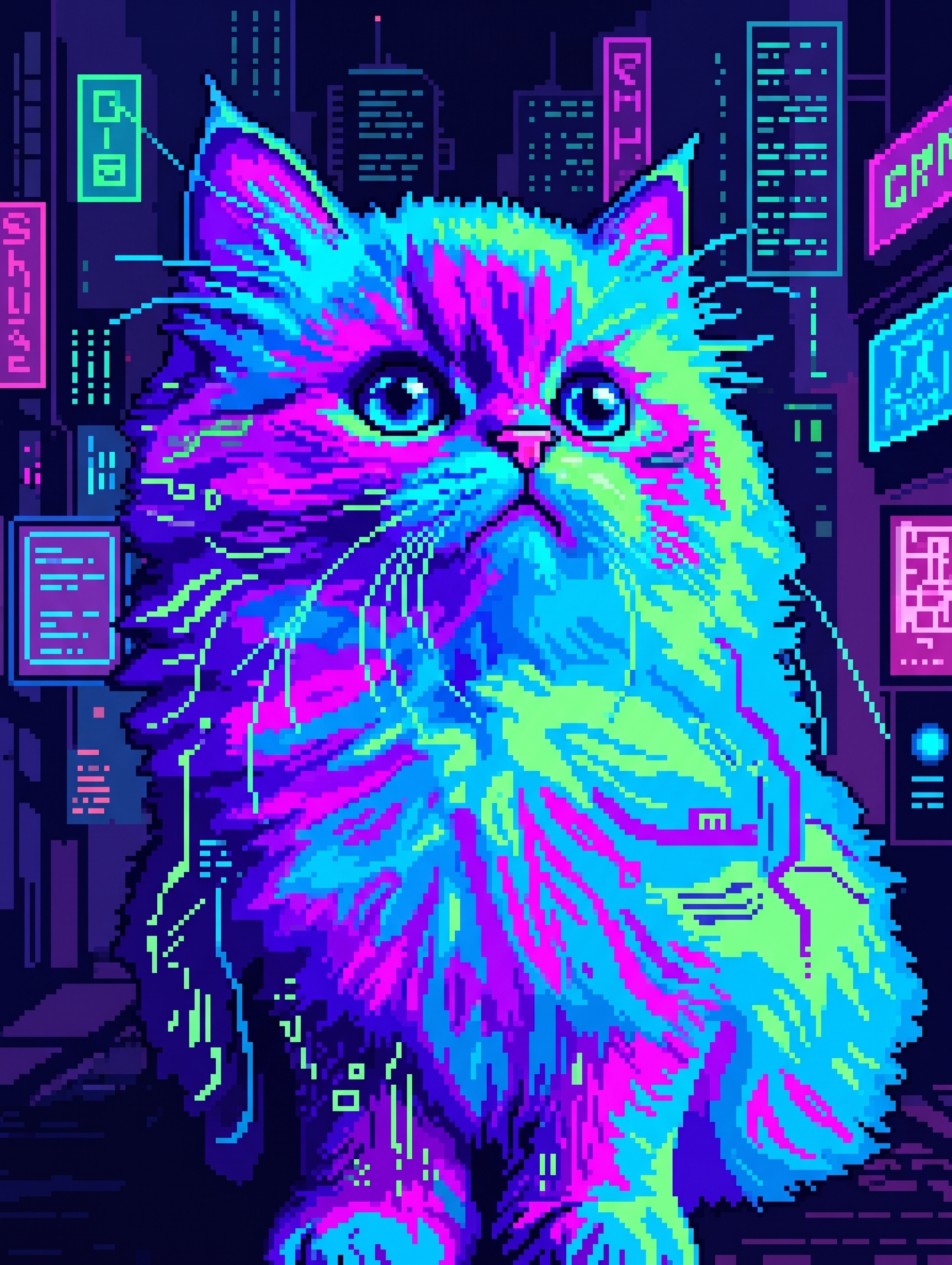 将这只猫咪改为赛博朋克配色，像素风，保留猫咪的姿态和外形 - 图片创意预览