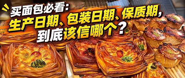 裁切图片保留中心面包部分，设置为2.35:1比例，添加醒目大标题“买面包必看：生产日期、包装日期、保质期，到底该信哪个？”，标题重点突出，有强烈视觉冲击感，其他地方不做修改