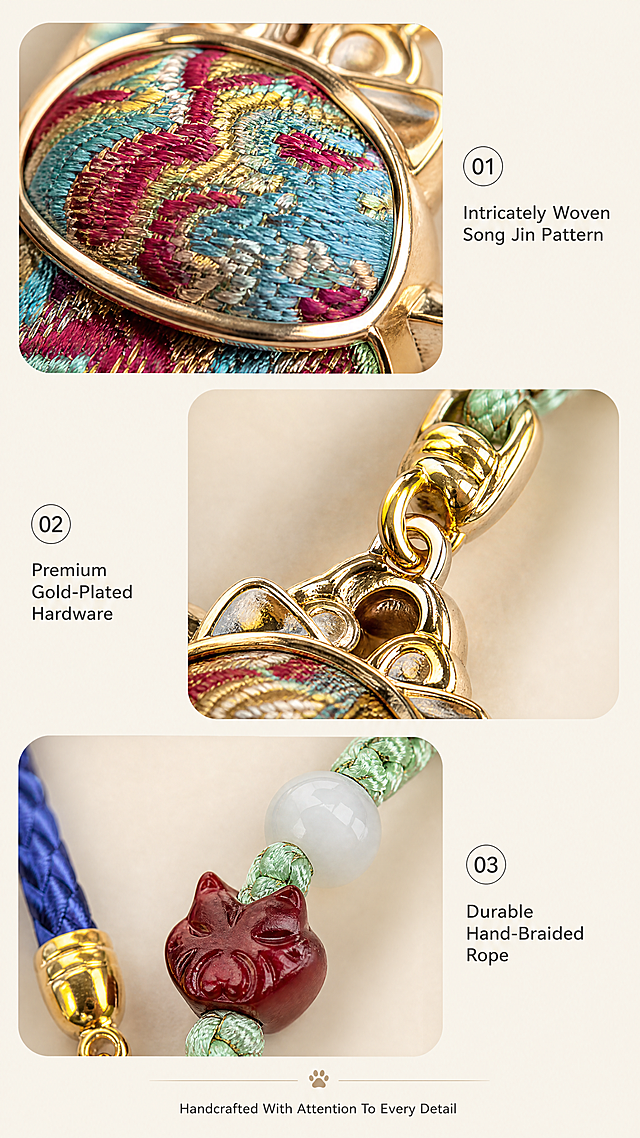 [第3屏] 细节特写页-猫咪挂件材质与细节展示。
[氛围/风格] 微距细节展示风，真实质感，柔和光影，突出手工细节。
[元素布局] 画面分为三个区域：上方特写展示宋锦猫咪主体织物纹理，中间特写展示镀金金属包边和挂扣结构，下方特写展示编织挂绳和隔珠配饰，三个区域错落分布，每个区域都保留产品原有细节特征，颜色和结构与参考图一致。背景为浅米纯色，每个细节区域边缘做柔和圆角处理，整体干净聚焦产品细节。
[光影质感] 柔和漫射光，每个细节区域都有清晰光照，纹理凹凸和金属光泽层次分明，没有生硬阴影，细节清晰可辨。
[配色色系] 全局底色：#F5F0E6（浅米棕）；主体配色：保留产品原有色彩；辅助色：#333333（文字）。
[视角构图] 每个细节区域采用近距离微距视角，分别对焦织物纹理、金属配件和挂绳，景深由近及远，整体排版从上到下分层清晰，符合竖屏阅读逻辑。
[文字版式] 中英双语标注：每个细节区域旁配短小标题标注：上方 "Intricately Woven Song Jin Pattern"，中间 "Premium Gold-Plated Hardware"，下方 "Durable Hand-Braided Rope"。底部总结文案 "Handcrafted With Attention To Every Detail"，居中排布，字体大小适中，不遮挡细节。
[比例分辨率] 9:16 竖版比例，4K分辨率，文字清晰可辨，超高清。
[负向提示词] 细节模糊，结构变形，金属光泽错误，文字错乱，水印，中文字符，背景杂乱