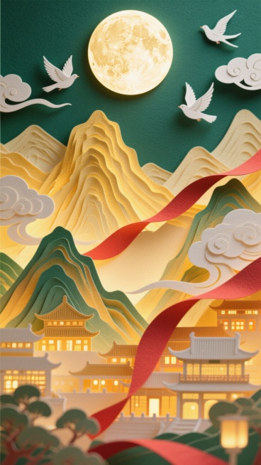 一轮巨大的圆月logo为占据画面中心的特写，底部以工笔风格呈现出全景的金色的山峦叠嶂间呈现古今建筑里万家灯火渐变温暖的光影，祥云装饰，白鸽飞舞，红绸穿绕，绿色基底预览效果