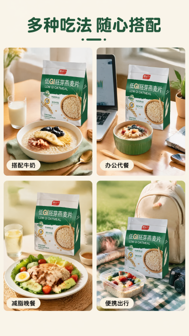 [第5屏] 多种食用场景展示。
[氛围/风格] 生活场景化，温馨真实，贴近日常饮食，接地气拼多多风格。
[元素布局] 采用2×2四宫格构图，四个圆角场景图：左上是早餐搭配牛奶，右上是加班代餐，左下是减预览效果