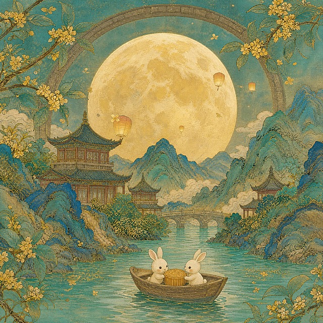 将参考图改成国画工笔画风格，采用工笔画精细描边，使用矿石颜料质感的色彩，整体颜色风格参考千里江山图的青绿山水色调，保留原图的构图、兔子、月饼、小船、古建筑、拱桥、桂花、月亮、山水等全部元素，工笔细腻，线条流畅，矿物颜料厚重质感，千里江山图青绿设色风格，国风古典意境