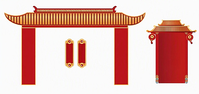 参考图中的中式门楼和立柱设计，去除所有文字内容（包括尺寸标注、对联文字、立柱上的书法文字、水印文字等），保持原有的红金配色、飞檐屋顶、回纹装饰、灯笼挂饰、传统纹样等所有视觉元素不变，生成高清矢量风格的纯图形设计图，白色背景，线条清晰，色彩均匀，无任何文字