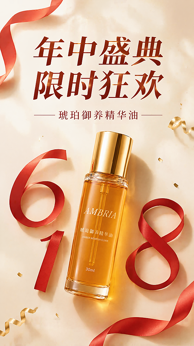 现代电商促销 3D 竖版海报，主标题“年中盛典 限时狂欢”。 米白色温暖背景，轻微高光散射和细腻投影，俯视视角，产品平躺在画面背景上，周围用红色丝带组成“618”。整体氛围喜庆热闹、画面适当留白。