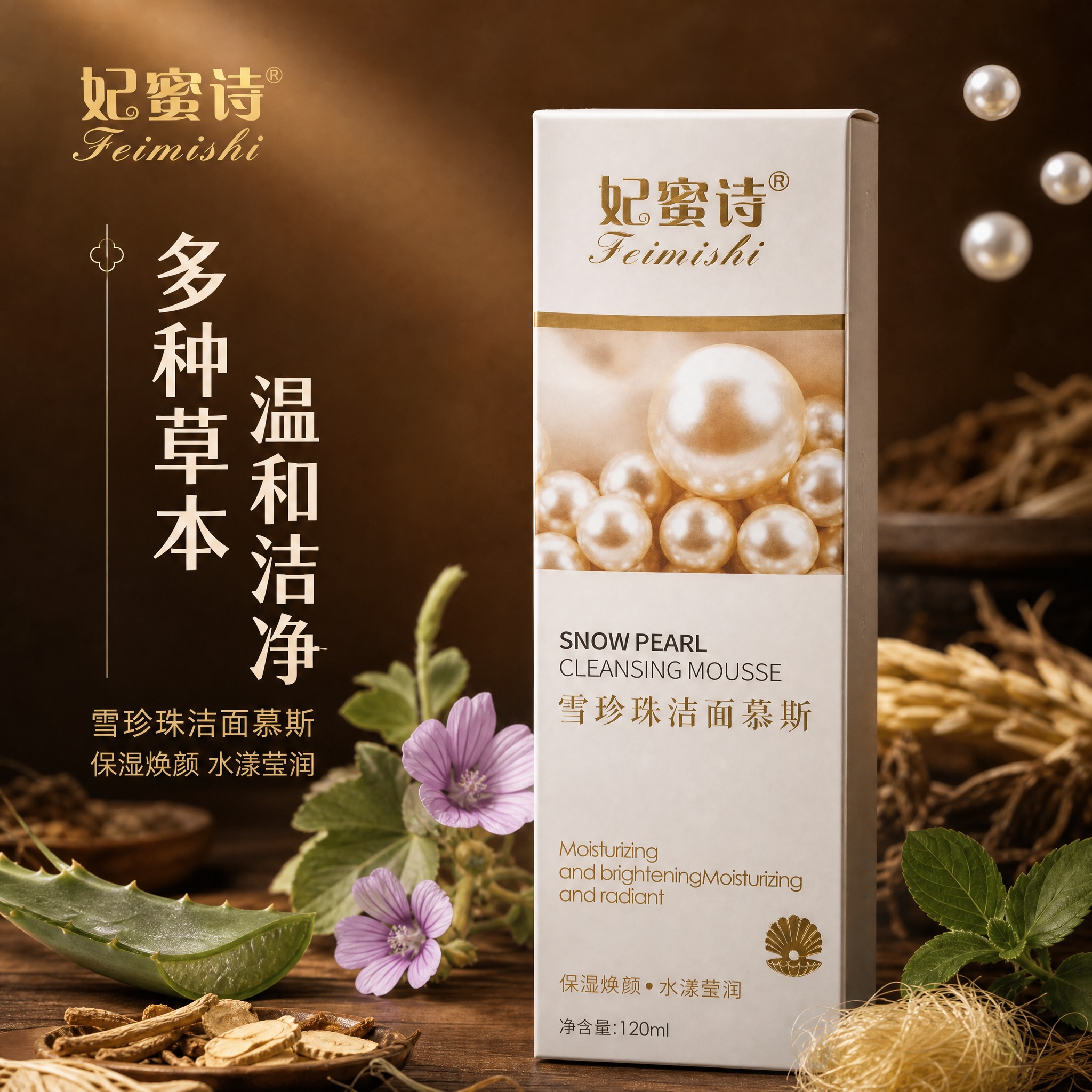[主图-1] 首图品牌调性，展示妃蜜诗雪珍珠洁面慕斯产品包装盒… - 图片创意预览