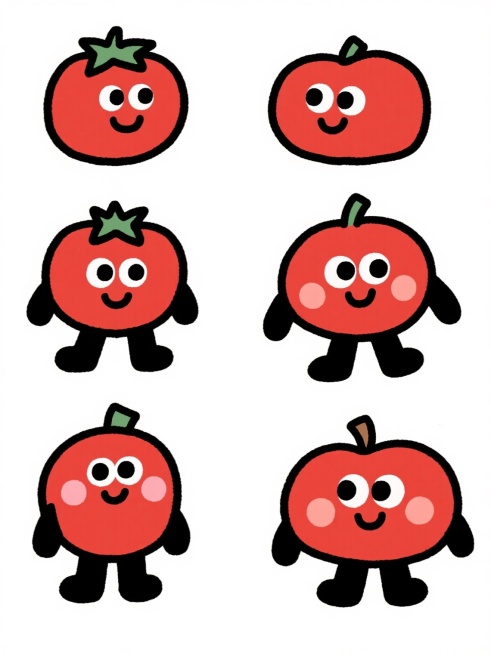 一系列6个完全不同的卡通水果角色，每个角色都具有与红色西红柿相同的手绘蜡笔风格，包括粗黑轮廓线、鲜艳的纯色填充、圆形大眼睛、微笑的嘴巴和腮红圆点，以及简单的黑色四肢，所有角色整齐排列在纯白色背景上，保持统一的艺术风格和视觉连贯性。预览效果