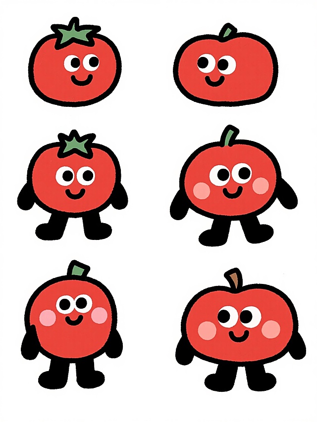 一系列6个完全不同的卡通水果角色，每个角色都具有与红色西红柿相同的手绘蜡笔风格，包括粗黑轮廓线、鲜艳的纯色填充、圆形大眼睛、微笑的嘴巴和腮红圆点，以及简单的黑色四肢，所有角色整齐排列在纯白色背景上，保持统一的艺术风格和视觉连贯性。
