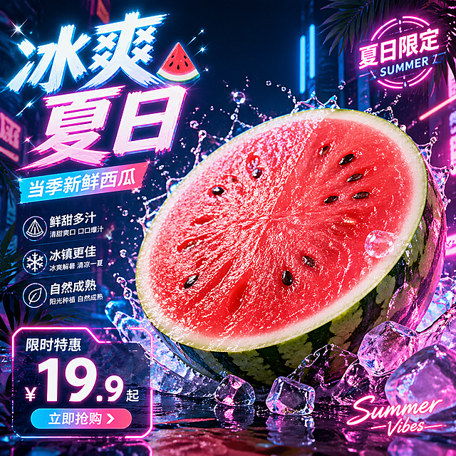 炫酷夏日西瓜商品海报，新鲜饱满的半个红瓤西瓜，冰爽夏日氛围，霓虹赛博风格，炫酷光影特效，现代电商海报设计，构图饱满醒目