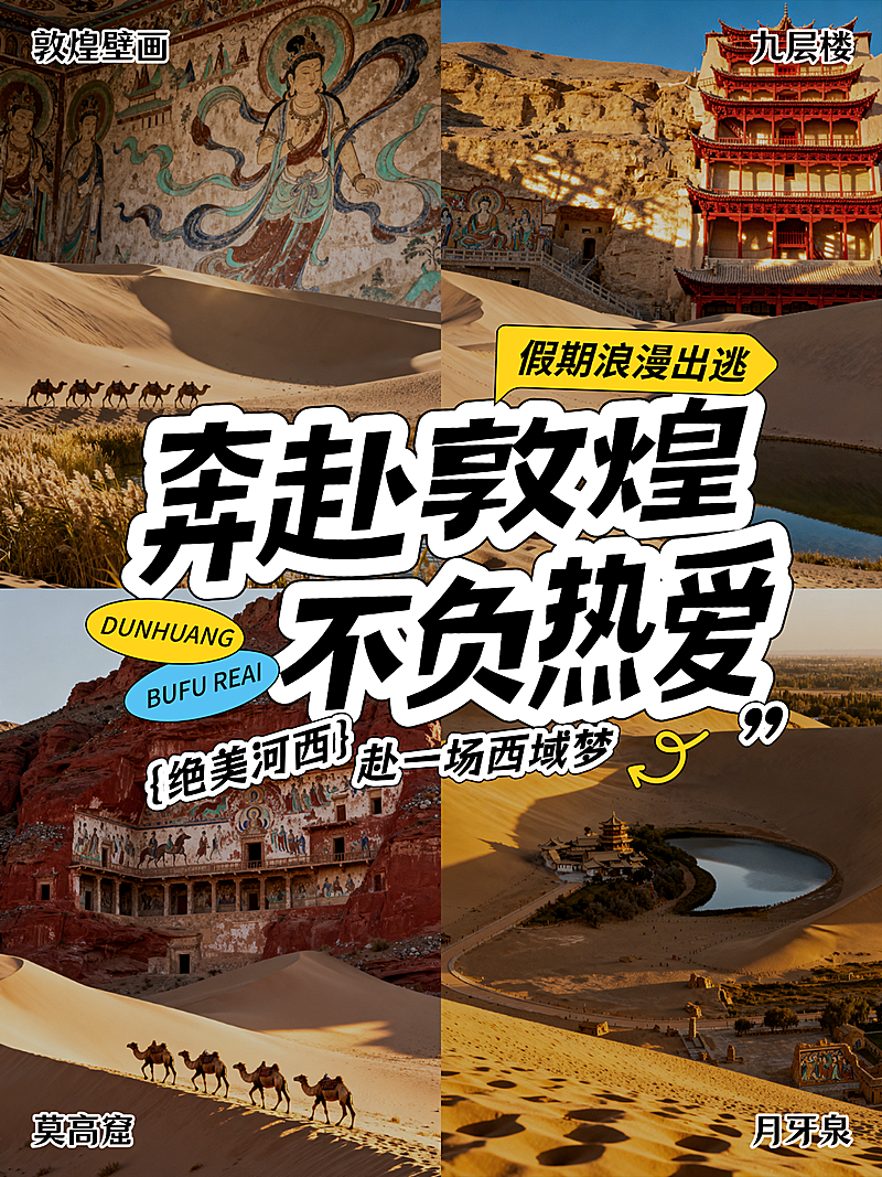 西北旅行敦煌甘肃莫高窟打卡攻略大字拼图小红书封面配图