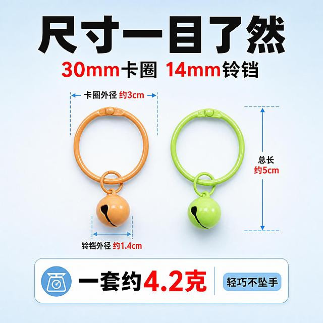 [主图-3] 30mm卡圈配14mm铃铛（尺寸参数款）。拼多多主图，唯一任务是让买家一眼确认尺寸与重量，无购买疑虑。
[统一基调] 拼多多组统一视觉：浅蓝白渐变干净背景，粗黑无衬线大字，深墨黑标题字色、红色数字与关键词强调色、浅天蓝辅助标签；圆角白色小卡片配细描边；整套只用一种粗黑无衬线字体，字号层级分明。
[画面] 尺寸标注型左右构图：上方20%-25%放标题；中部放两只产品并排——左侧橙色卡圈配橙色铃铛、右侧浅绿卡圈配浅绿铃铛，均为正面平视，各占画面约25%-30%，卡圈保持30mm圆环、铃铛保持14mm，由小圆环真实连接；用细灰色标注线与箭头标注"卡圈外径约3cm"（水平引到卡圈左右）、"铃铛外径约1.4cm"（引到铃铛）、"总长约5cm"（竖直引到整体高度），标注线不穿过主体、不挤压产品；底部放白色圆角小卡片写重量信息。
[光影质感] 均匀柔光正面打光，产品下方淡灰接触阴影，卡圈塑料涂层有细微高光，铃铛金属有清晰反光，整体干净明亮。
[配色] 浅蓝白渐变背景、深墨黑标题、红色数字强调、浅天蓝标注线辅助；产品保持橙与浅绿原色。
[文字版式] 顶部主标题"尺寸一目了然"，其下小字"30mm卡圈 14mm铃铛"；标注文字统一小号无衬线；底部卡片大字"一套约4.2克"，旁配小字"轻巧不坠手"。文字横排清晰，不重叠主体。
[输出要求] 1:1方图，2K清晰度，标注文字清晰、引线不交叉、产品完整。负向：变形、错字、糊字、标注错位、杂乱、水印、平台Logo、尺寸错误。