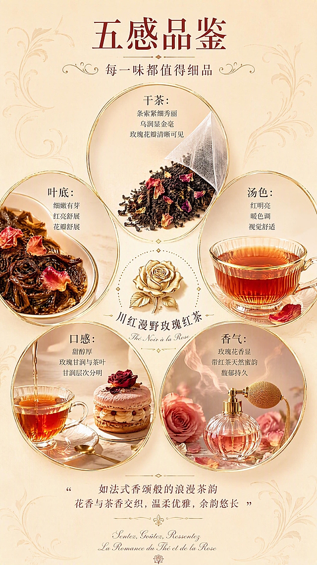 [第8张] 详情页五感品鉴——川红漫野玫瑰红茶干茶/汤色/香气/口感/叶底全方位品鉴，法式香颂风格。本张使用【图2】茶包作为干茶展示元素。
[氛围/风格] 法式香氛品鉴风格，浅金奶油底色，五感如香水调般优雅呈现，温润高级有仪式感。
[元素布局] 画面采用五瓣花形布局，五个金边圆形品鉴窗口围绕中心排列，如法式花朵徽章：上方干茶（茶包倒出的红茶条索+玫瑰花瓣特写）、右上汤色（红亮茶汤金边玻璃杯）、右下香气（玫瑰花香氛缭绕如香水喷雾）、左下口感（茶汤入口温润示意配法式甜点）、左上叶底（泡开的茶叶与花瓣舒展）；中心是金色玫瑰徽章产品名；背景为浅金色奶油纹理，有淡淡的复古卷草纹暗纹，整体明亮雅致。
[光影质感] 每个品鉴窗口独立打光，干茶纹理清晰，茶汤通透，整体温暖雅致，质感高级如珠宝陈列。
[配色色系] 全局底色 #F8EEDF 浅金奶油底色；主色金棕色、玫瑰红；辅助色暖金、深棕；点缀色奶油白。
[视角构图] 五瓣花形中心对称构图，阅读动线顶部标题 → 五瓣花品鉴 → 底部总结。
[文字版式] 顶部主标题「五感品鉴」，副标题「每一味都值得细品」，酒红色法式衬线字体；五个品鉴窗口分别标注：「干茶：条索紧细秀丽 乌润显金毫 玫瑰花瓣清晰可见」「汤色：红明亮 暖色调 视觉舒适」「香气：玫瑰花香显 带红茶天然蜜韵 馥郁持久」「口感：甜醇厚 玫瑰甘润与茶叶甘润层次分明」「叶底：细嫩有芽 红亮舒展 花瓣舒展」；每个标题用深棕色衬线体，说明用灰色细体字；窗口金边装饰。
[比例分辨率] 9:16 竖版比例，4K 分辨率，文字清晰可辨，高清画质。
[负向提示词] 茶包变形，茶汤颜色偏差，文字错乱，水印，文字过小，布局混乱。