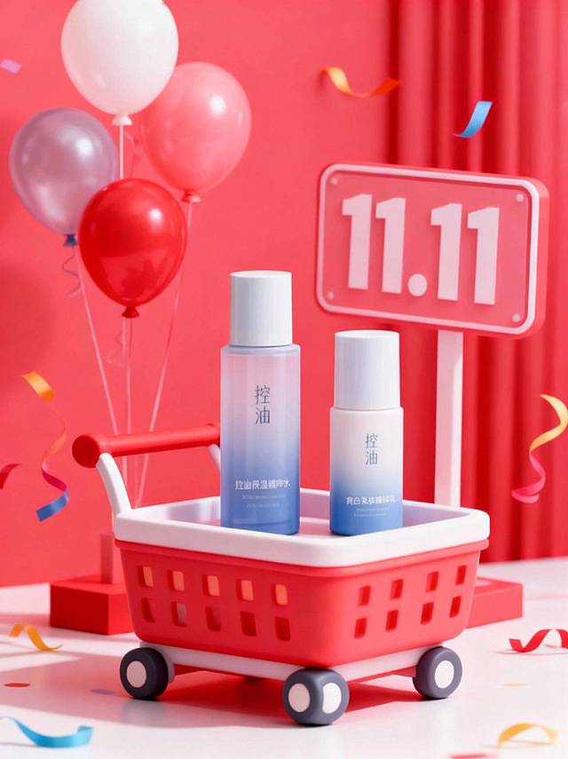 以红粉色为主色调，背景有气球、彩带、"11.11"立牌等元素。中央是卡通购物车造型展台，将商品随意摆放至卡通购物车中。整体风格活泼，营造出购物的轻松氛围。