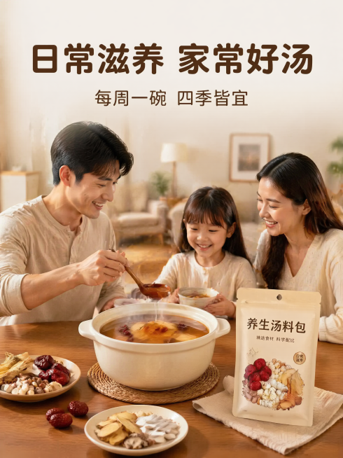 [第5屏] 日常养生场景屏，展示家庭炖煮食用汤料包的日常场景。本屏使用中药材组合图作为产品元素。
[氛围/风格] 温馨居家风格，自然暖光，生活感十足，突出日常养生氛围。
[元素布局] 主体展示一家人餐预览效果
